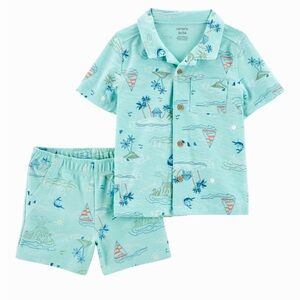 NWT Carters 2-Piece Button-Down Shirt & Short Set Sailboats Beach Tropical